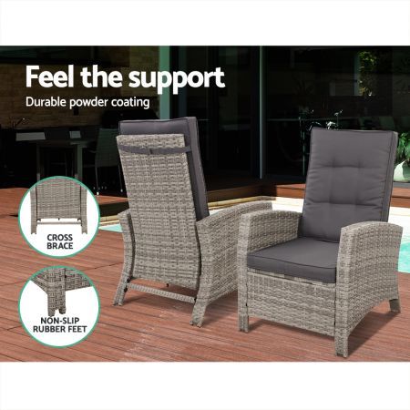 Gardeon 3PC Recliner Chairs Table Sun lounge Wicker Outdoor Furniture Adjustable Grey