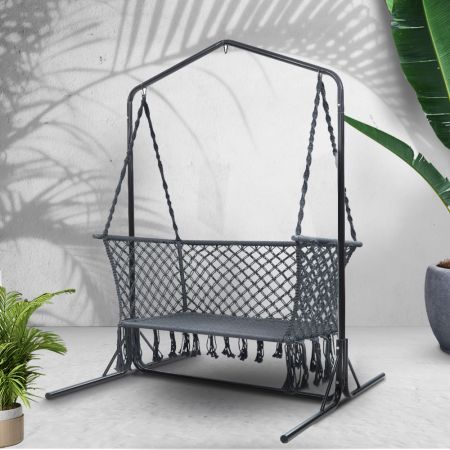 Gardeon Hammock Chair with Stand Macrame Outdoor Garden 2 Seater Grey