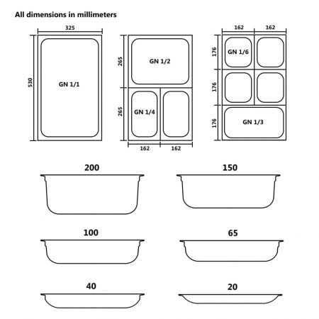 Pans 12 pcs GN 1/6 100 mm Stainless Steel