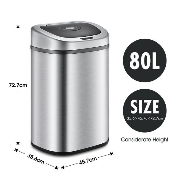 80L Dual Sensor Rubbish Bin Recycle Automatic Garbage Kitchen Waste Trash Can Stainless Steel Maxkon