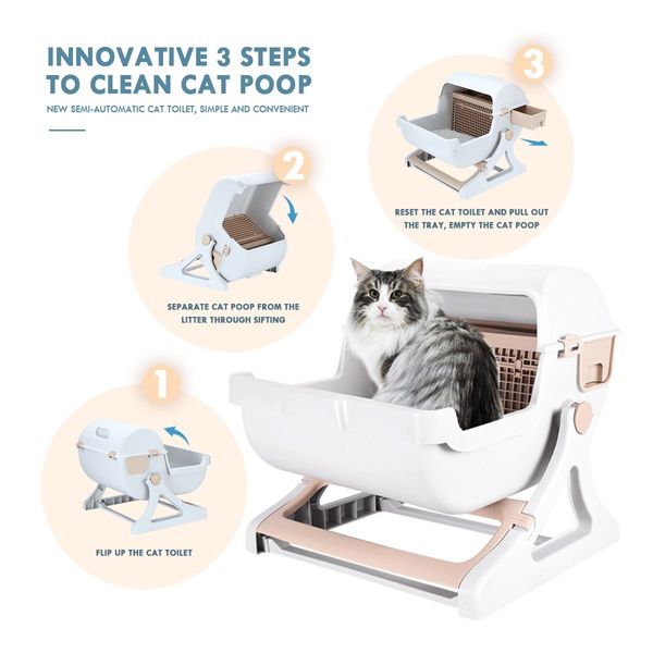 Cat Litter Box Large Hooded Tray Kitty Semi Automatic Toilet Pet Furniture Training