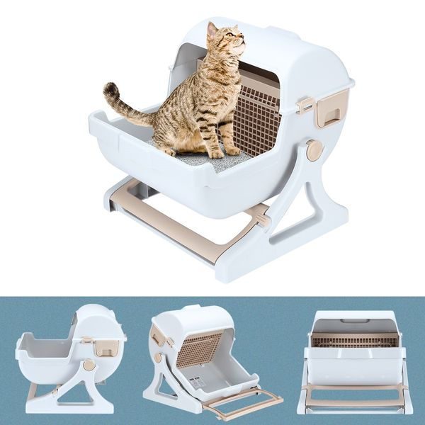 Cat Litter Box Large Hooded Tray Kitty Semi Automatic Toilet Pet Furniture Training