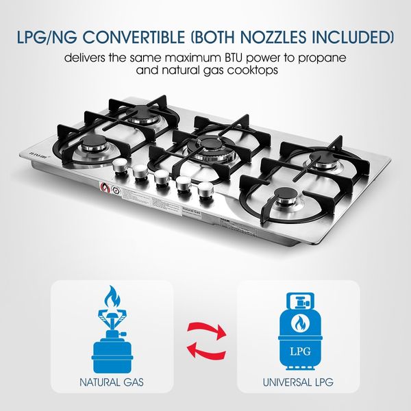 5 Burner Gas Cooktop Hob Stainless Steel Kitchen Gas Stove NG LPG