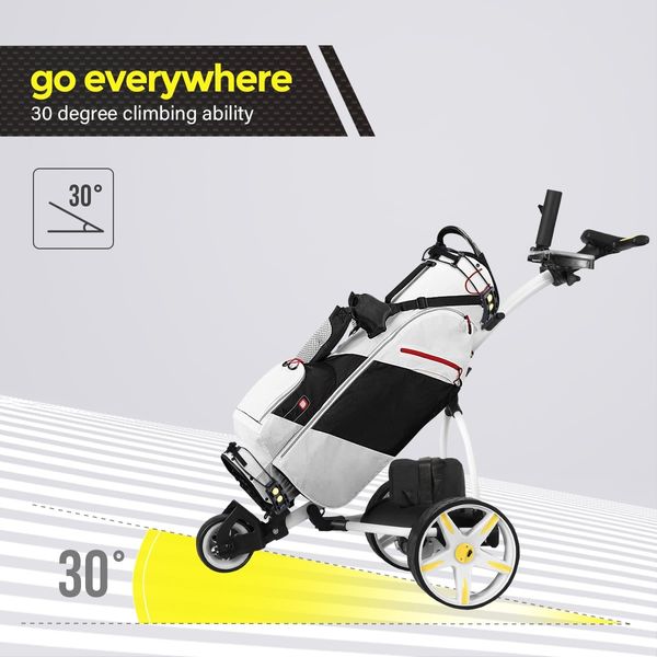 Electric Golf Trolley 3 Wheel Foldable Push Golf Buggy Cart 3 Distance Control LED Display-White