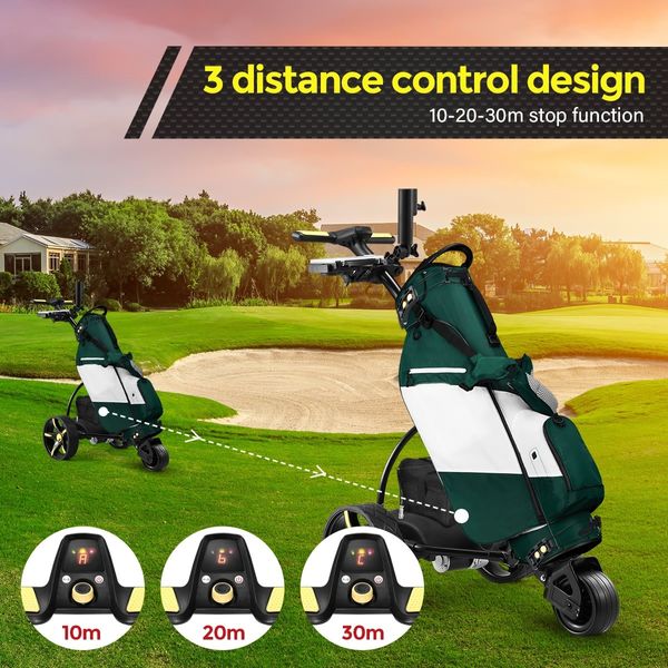 Electric Golf Trolley 3 Wheel Foldable Push Golf Buggy Cart 3 Distance Control LED Display-Black