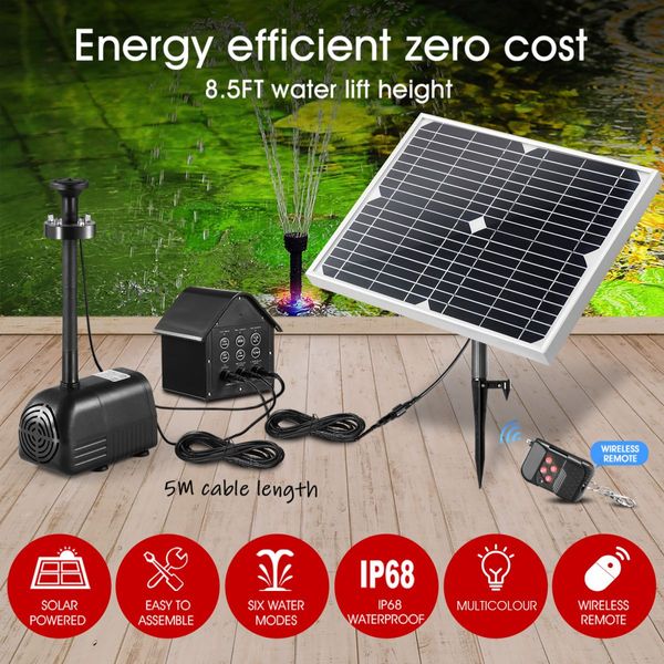 70W Solar Fountain Water Pump with Battery and LED Light for Birdbath Garden Pool