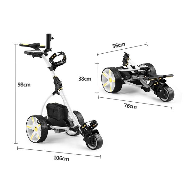 Electric Golf Trolley 3 Wheel Foldable Push Golf Buggy Cart 3 Distance Control LED Display-White