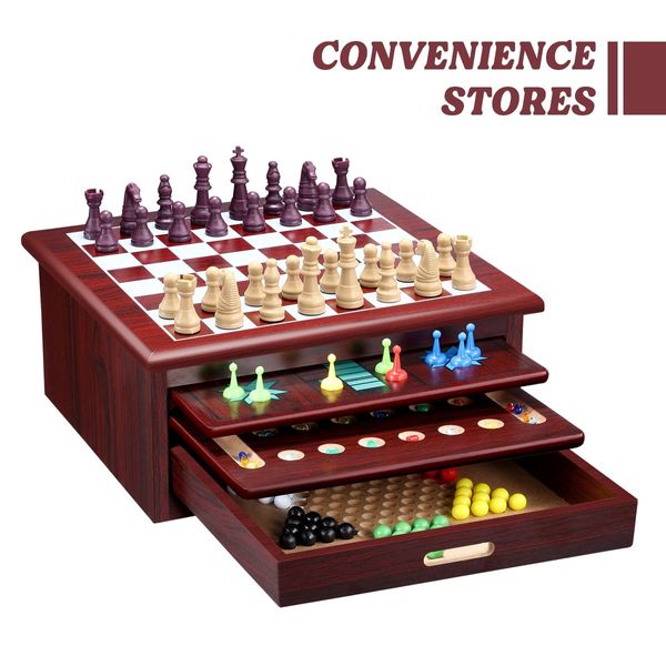 New 15-in-1 Chess Game Set Wooden Board Game Checker Backgammon Solitaire