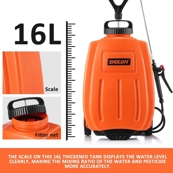 Garden Sprayer on Wheels 16L 12V Pump Weed Sprayer with Car Wash Brush Orange