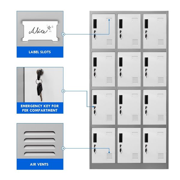 12 Doors Locker Cabinet Steel Storage Cupboard for Home Office School Gym