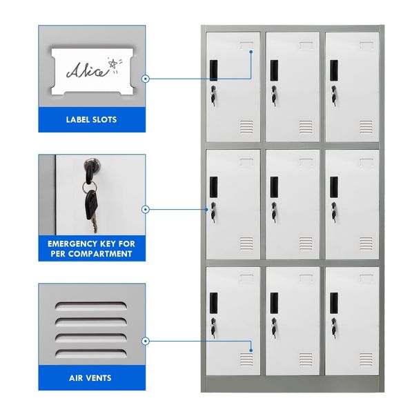 9 Doors Locker Cabinet Steel Storage Cupboard for Home Office School Gym