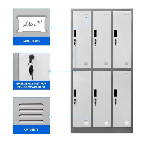 6 Doors Locker Cabinet Steel Storage Cupboard for Home Office School Gym