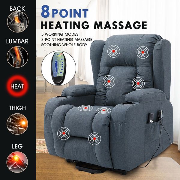 Electric Massage Chair Recliner Linen Fabric Sofa Lift Motor Armchair 8 Point Heating Blue