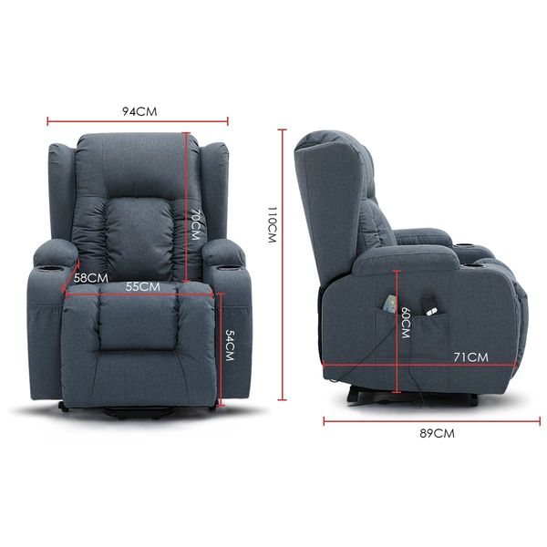 Electric Massage Chair Recliner Linen Fabric Sofa Lift Motor Armchair 8 Point Heating Blue