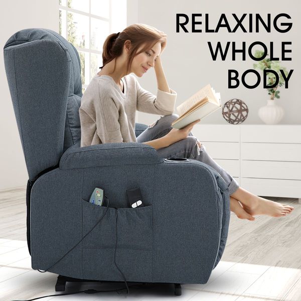 Electric Massage Chair Recliner Linen Fabric Sofa Lift Motor Armchair 8 Point Heating Blue