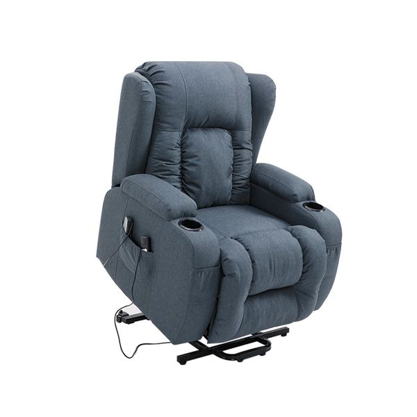 Electric Massage Chair Recliner Linen Fabric Sofa Lift Motor Armchair 8 Point Heating Blue