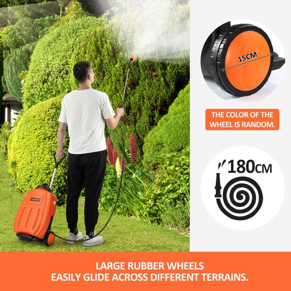 Garden Sprayer on Wheels 16L 12V Pump Weed Sprayer with Car Wash Brush Orange