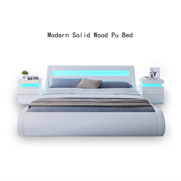 Fashion White Bed Frame with Storage LED Light King Size