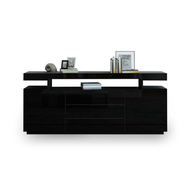 200cm Sideboard Buffet Cabinet High Gloss Front Storage Cupboard 2 Doors 3 Drawers Black