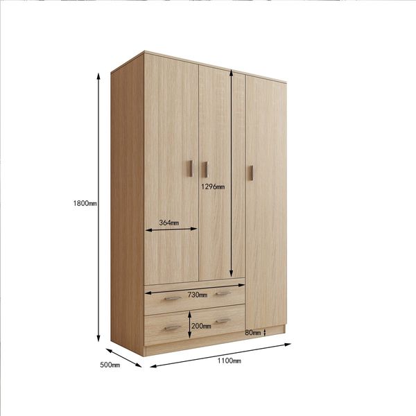 Oak Wardrobe Cabinet Wood Bedroom Clothes Storage Organiser Cupboard 3 Doors 2 Drawers