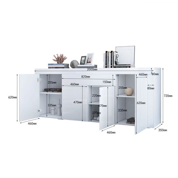 Sideboard Buffet Cabinet Table 4 Doors 1 Drawer High Gloss Front Storage Cupboard White