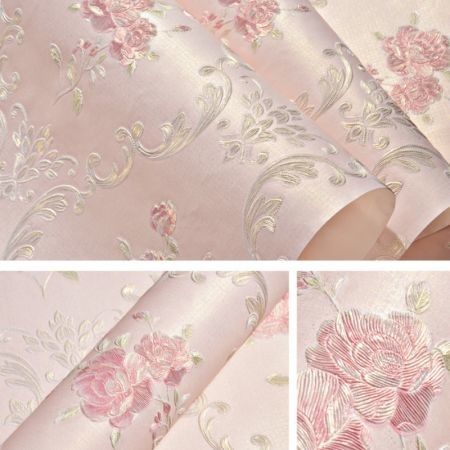 3D Self Adhesive Floral Pattern  Non-Woven Wall Paper 53CMX5M Lt.Pink