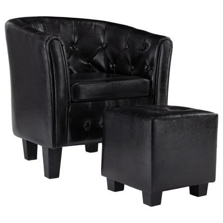 Tub Chair with Footstool Black Faux Leather