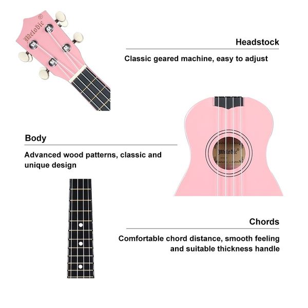 Soprano Ukulele 21 Inch Bundle 4 Strings Musical Instrument w/ Gig Bag Pink Melodic