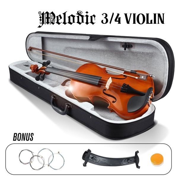 3/4 Acoustic Violin Kit 4 Strings Natural Varnish Finish w Case Bow Rosin Melodic