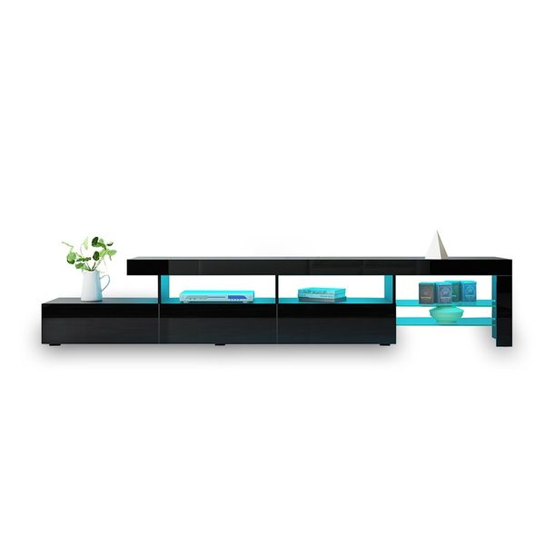 New 3 Drawer TV Table Stand Cabinet LED Entertainment Unit High Gloss Front 240cm Black