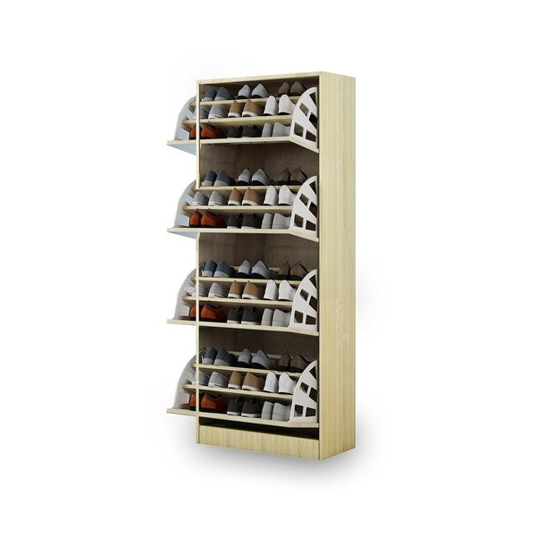 60 Pairs Wood Shoe Storage Cabinet 4-Rack Mirrored Footwear Organiser Oak