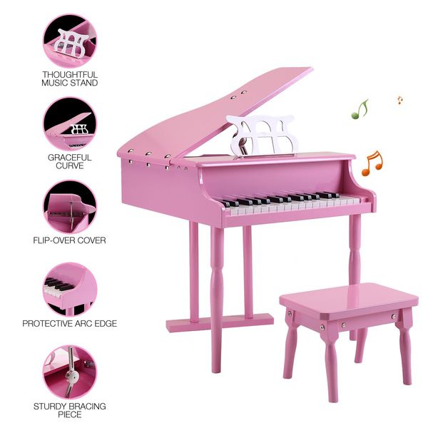 30 Key Piano Children Kids Grand Piano Wood Toy w/ Bench Music Stand-Pink Melodic