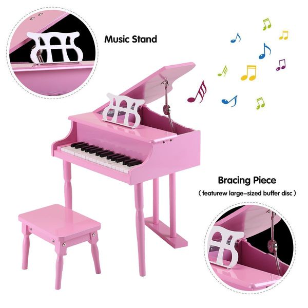 30 Key Piano Children Kids Grand Piano Wood Toy w/ Bench Music Stand-Pink Melodic