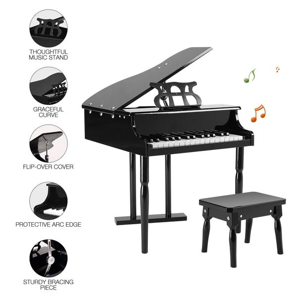 30 Key PianoChildren Kids Grand Piano Wood Toy w/ Bench Music Stand-Black Melodic