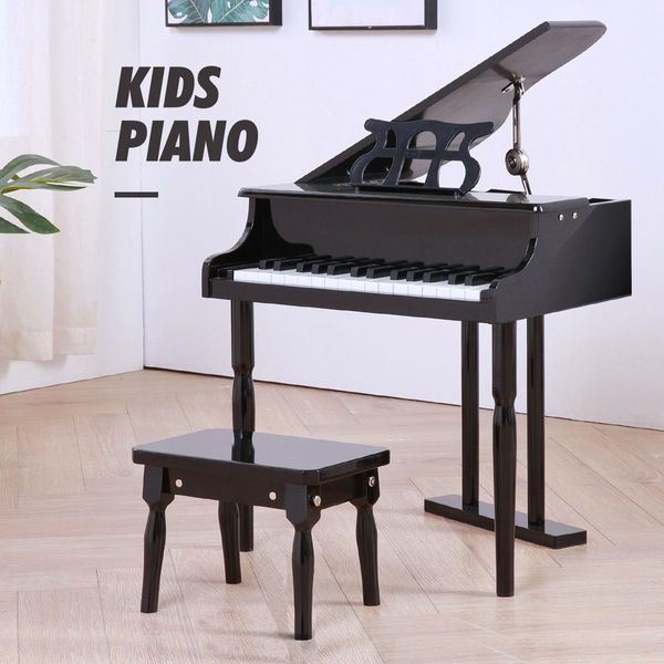 30 Key PianoChildren Kids Grand Piano Wood Toy w/ Bench Music Stand-Black Melodic