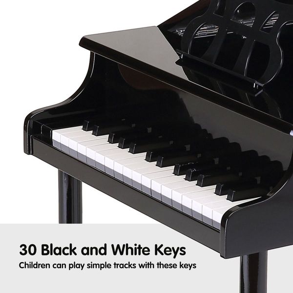 30 Key PianoChildren Kids Grand Piano Wood Toy w/ Bench Music Stand-Black Melodic