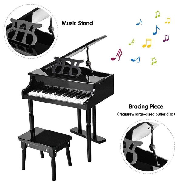 30 Key PianoChildren Kids Grand Piano Wood Toy w/ Bench Music Stand-Black Melodic