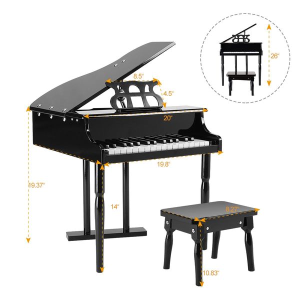 30 Key PianoChildren Kids Grand Piano Wood Toy w/ Bench Music Stand-Black Melodic