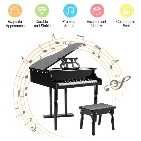 30 Key PianoChildren Kids Grand Piano Wood Toy w/ Bench Music Stand-Black Melodic