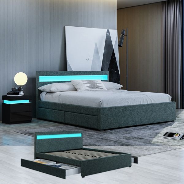 New Queen Size Fabric Bed Frame Wood Bedroom Furniture with 4 Drawers LED Grey