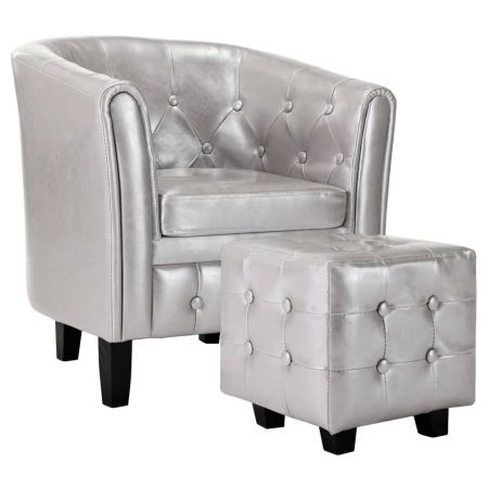 Tub Chair with Footstool Silver Faux Leather