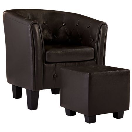 Tub Chair with Footstool Brown Faux Leather