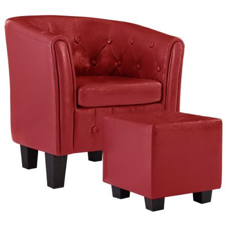 Tub Chair with Footstool Red Faux Leather