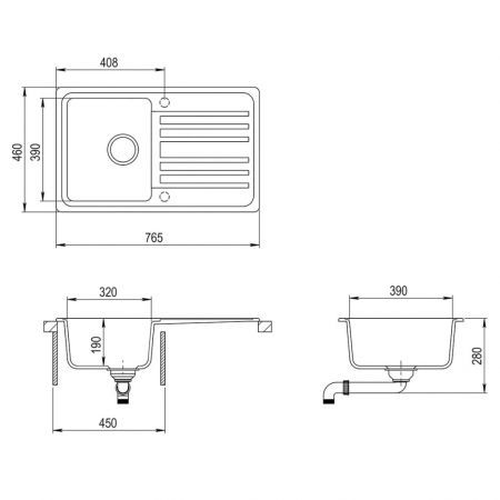 Granite Kitchen Sink Single Basin with Drainer Reversible Black