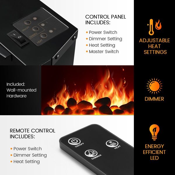 MAXKON Wall Mounted 1800W Electric Fireplace Heater LED Flames w/ Remote Control 