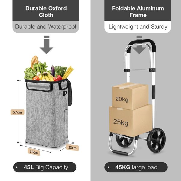 Shopping Cart Foldable Trolley Grocery Bag Waterproof Aluminium Trolley Grey