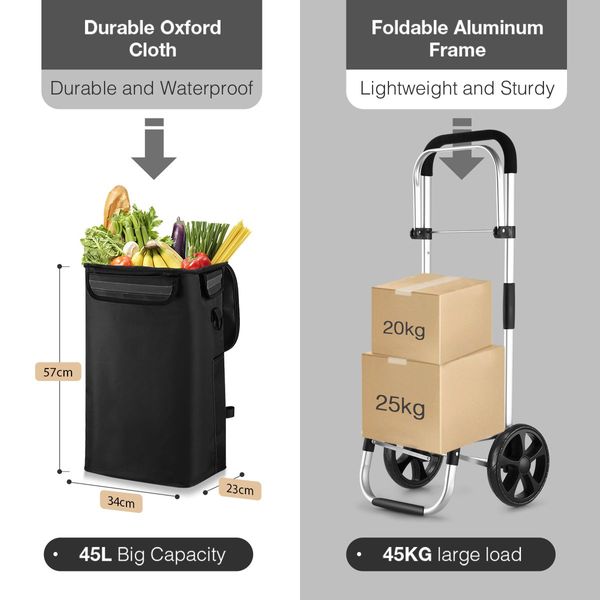 Shopping Cart Foldable Trolley Grocery Bag Waterproof Aluminium Trolley Black