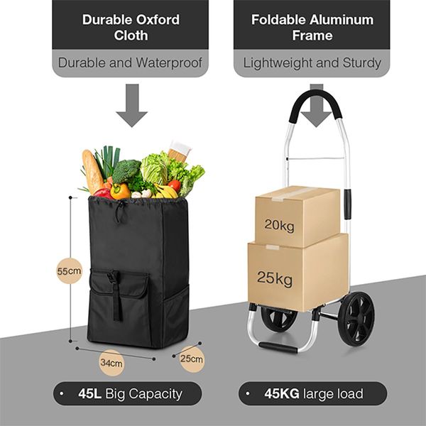 Foldable Aluminium Shopping Cart Trolley Bag Dolly w/ Wheels Black