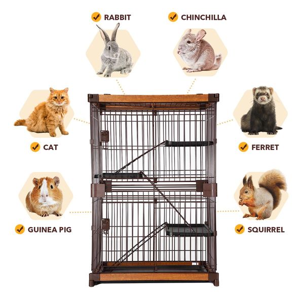 Large Cat Cage Rabbit Hutch Bunny Crate Ferret Kennel House Pet Enclosure Home WPC Frame Wired 3 Tiers