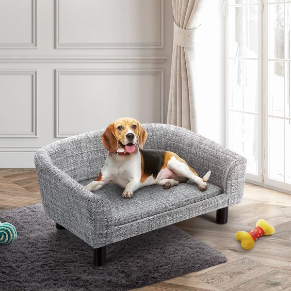 Dog Bed Pet Cat Sofa Doggy Couch Puppy Soft Cushioned Lounge Chaise Furniture Wood Frame Linen Fabric M